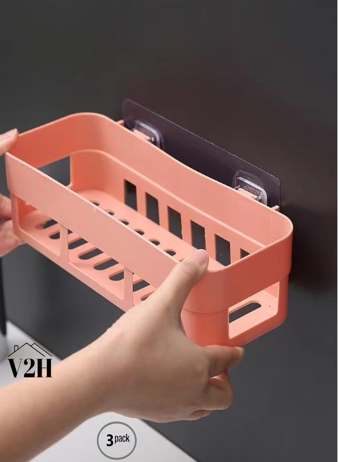 V2H Multipurpose Kitchen Bathroom Shelf Wall Holder Storage Rack Bathroom Rack Storage Box Strong Sticker Shower Rack Shelf(Set of 3) - Image 2